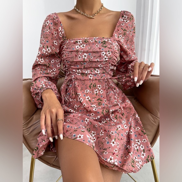 Floral Print Ruched Drawstring Dress - Picture 3 of 3